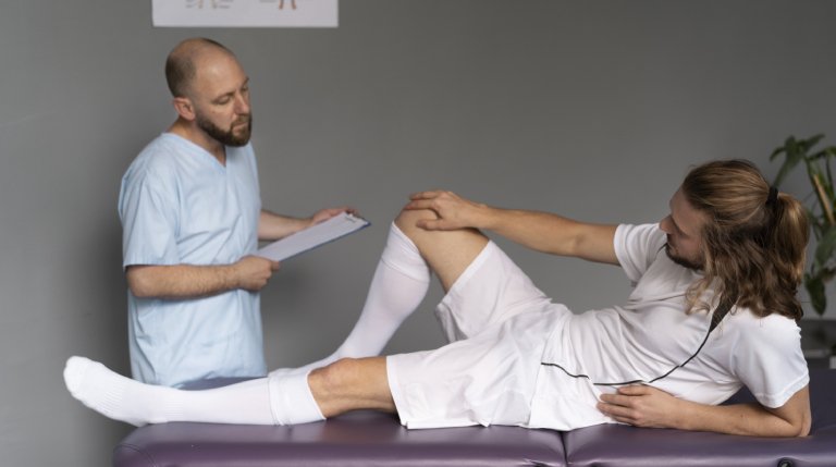 Patient performing early rehabilitation exercises post ACL surgery.